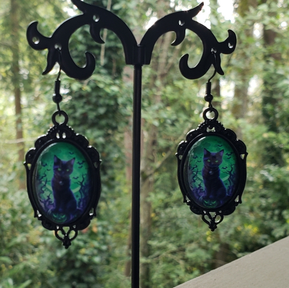 Halloween- One pair Vintage Black Cat Drop Earrings